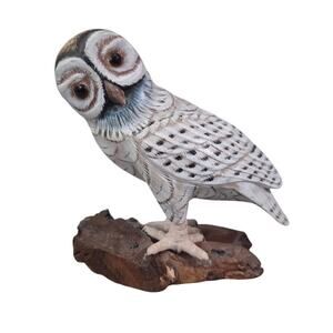 Vtg White Owl on Branch Sculpture Figurine Wood Hand Carved Hand Painted